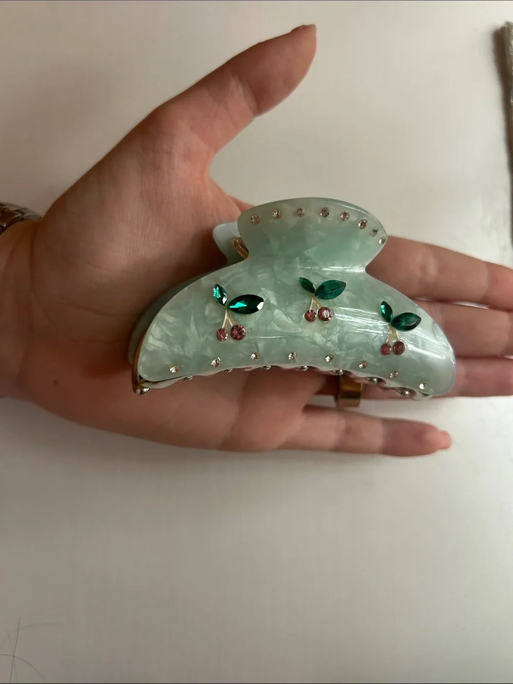 Mint Green Rhinestone Cherry Claw Clip